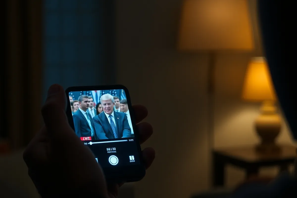Person watching a political video on a smartphone in a dim room
