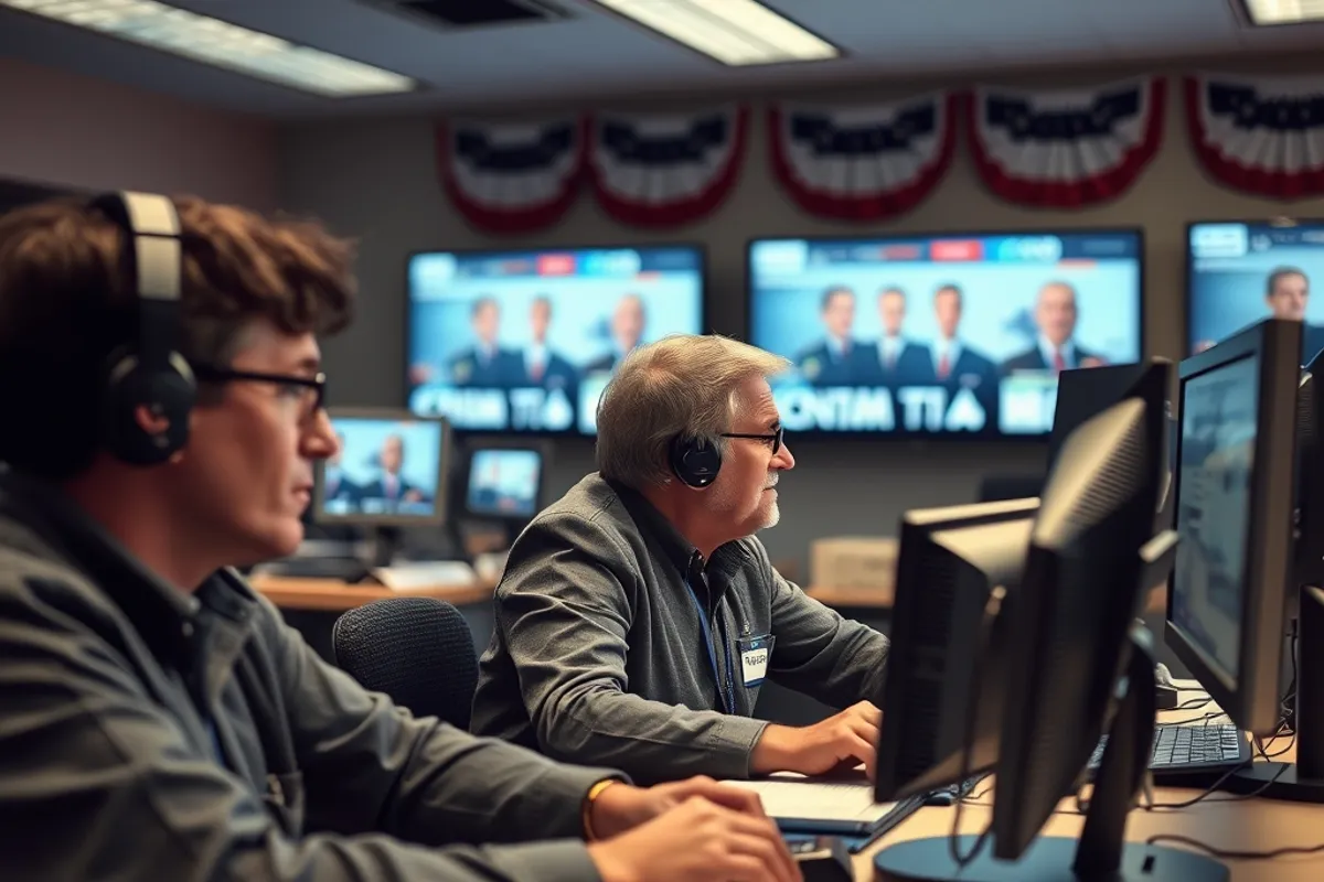 Election workers reviewing monitors in a campaign war room
