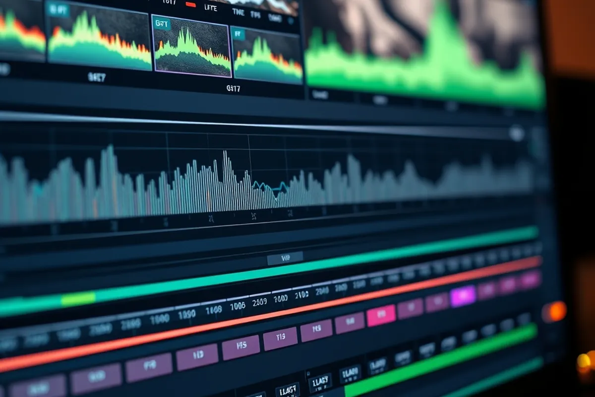 Close-up of a video editor workstation with timelines and waveforms