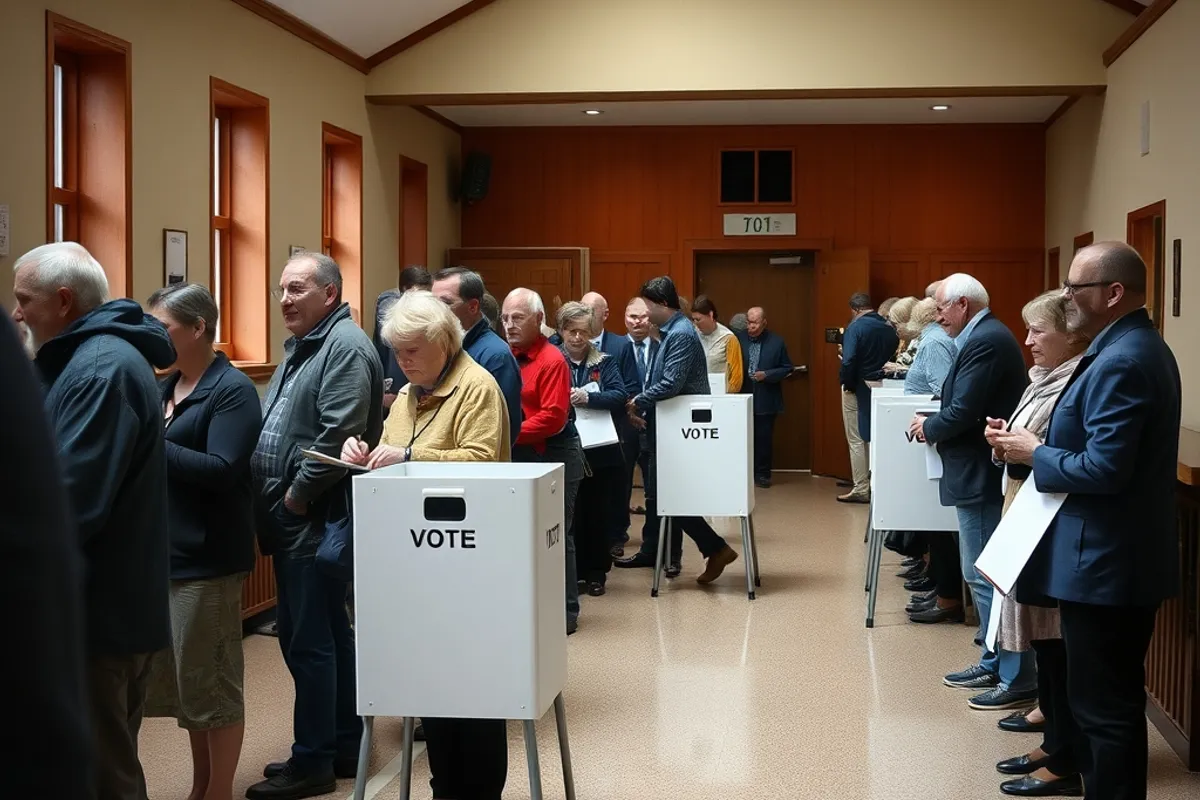 Voters in a queue at a polling station inside a community hall