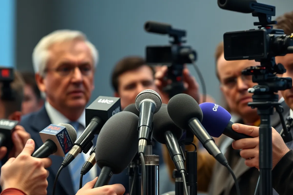 Press conference with microphones and cameras
