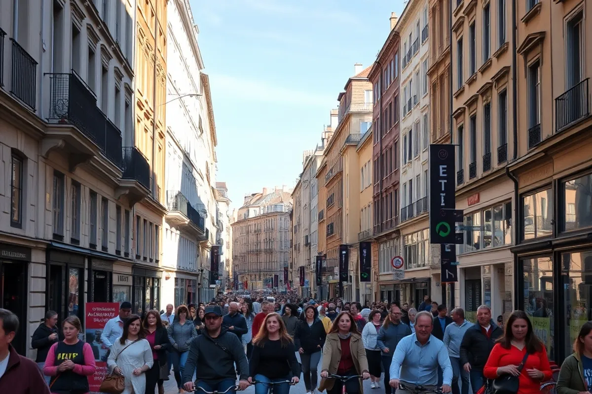 Pedestrian street filled with people walking and cyclists in a European city