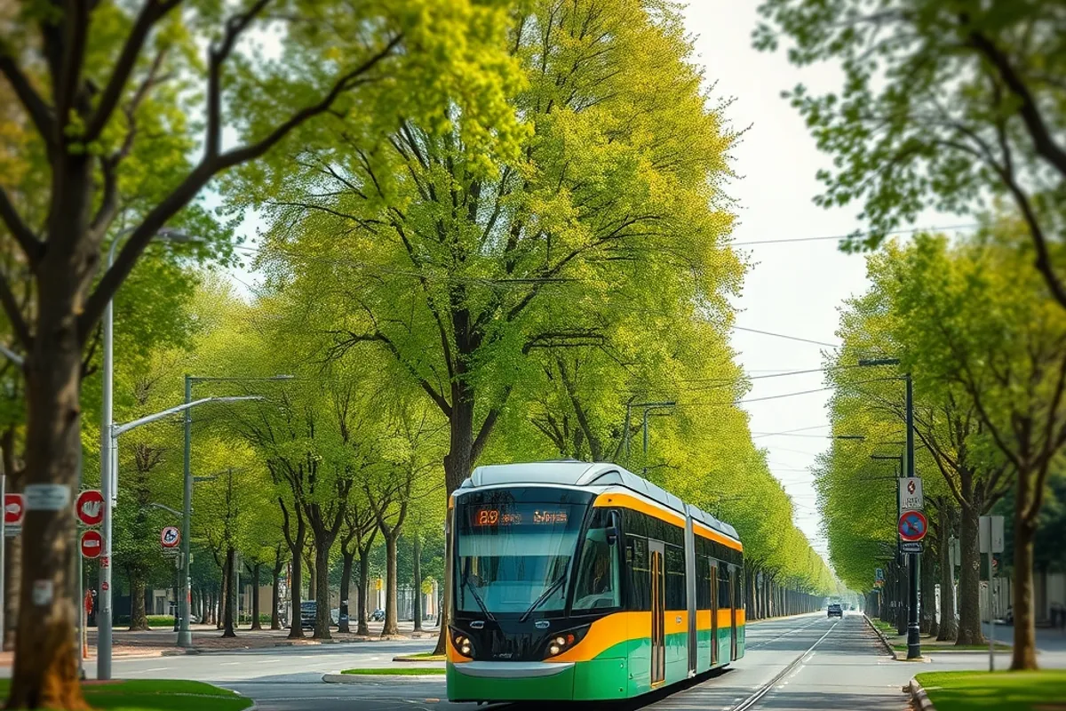 Tram gliding through a tree-lined city avenue