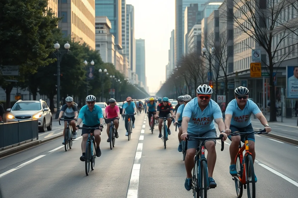 Wide bike lane with cyclists at rush hour