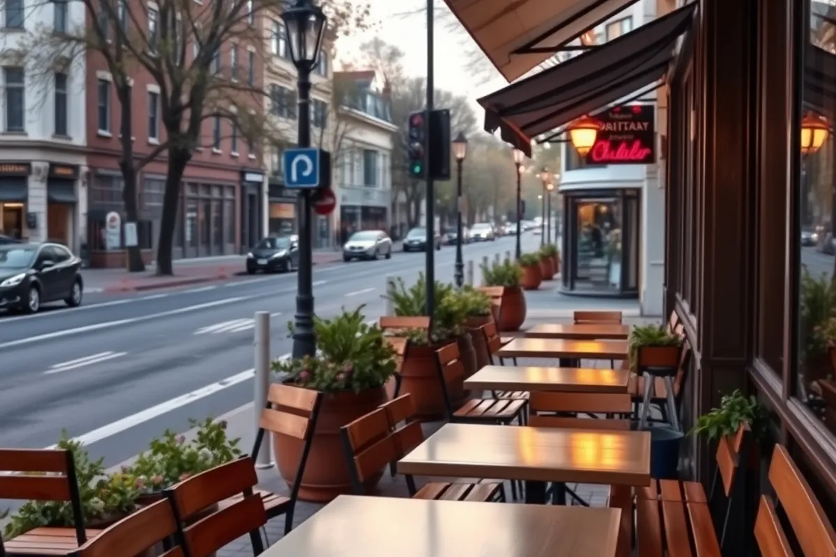 Outdoor cafe seating where a road used to be