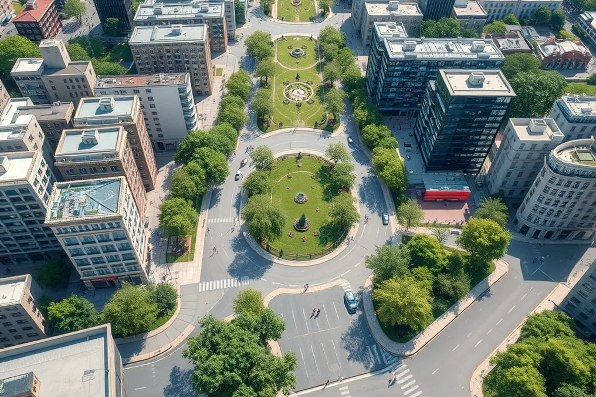 Aerial view of a car-free city center with green spaces