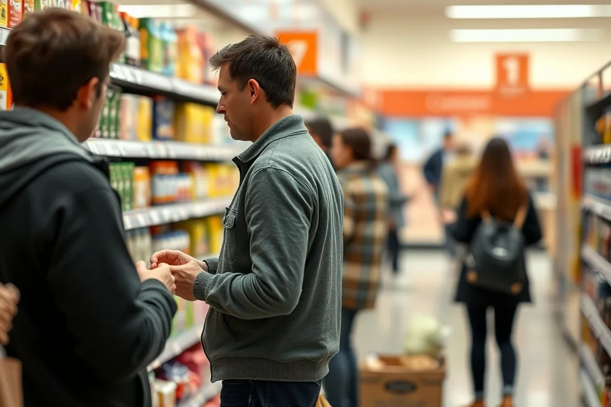 Shoppers comparing prices in a brightly lit supermarket aisle