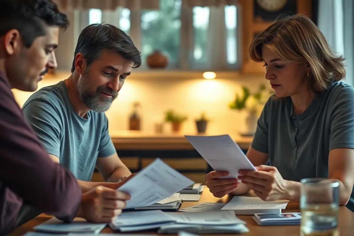 Family reviewing household bills and receipts at a kitchen table