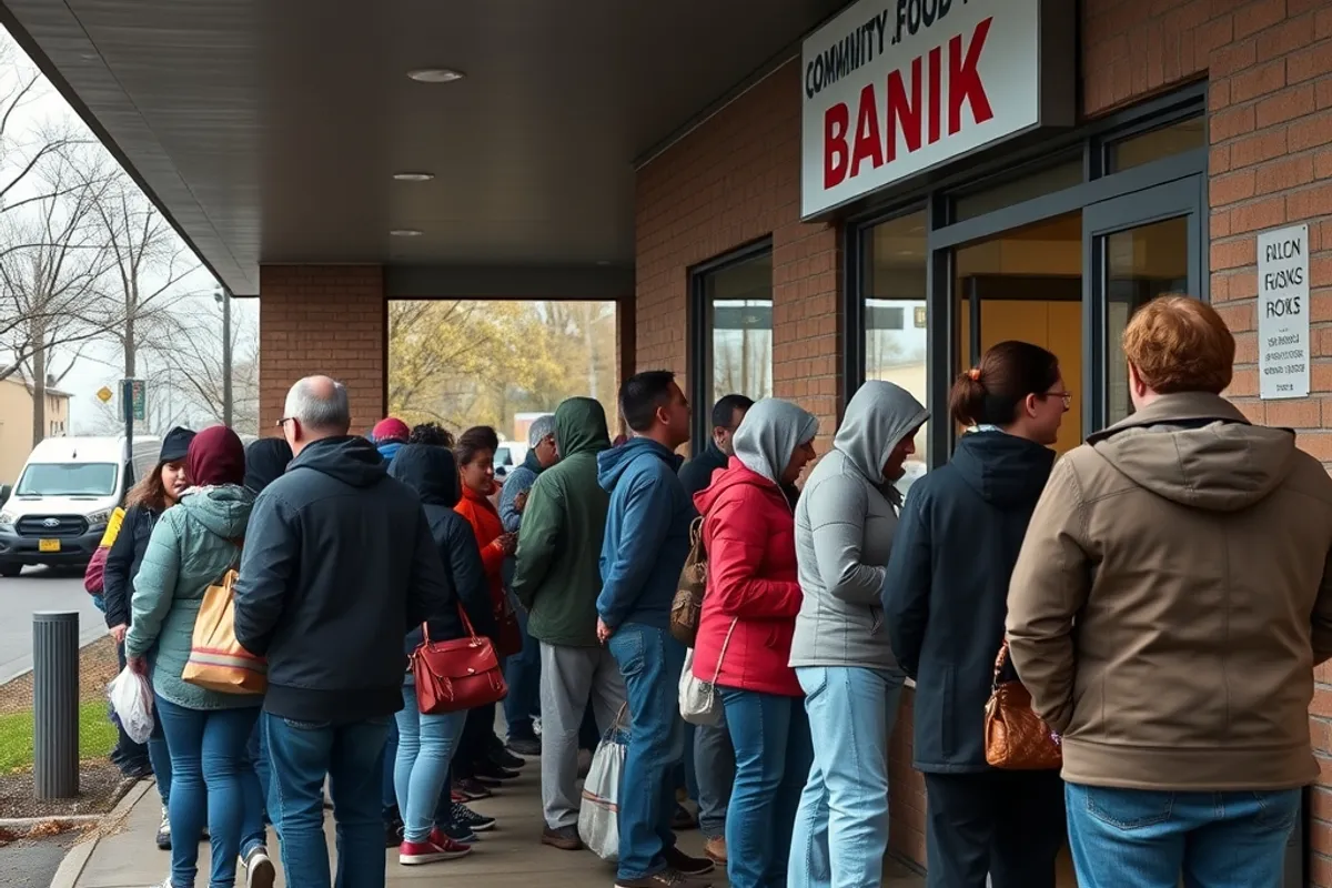 Long line of people waiting outside a community food bank