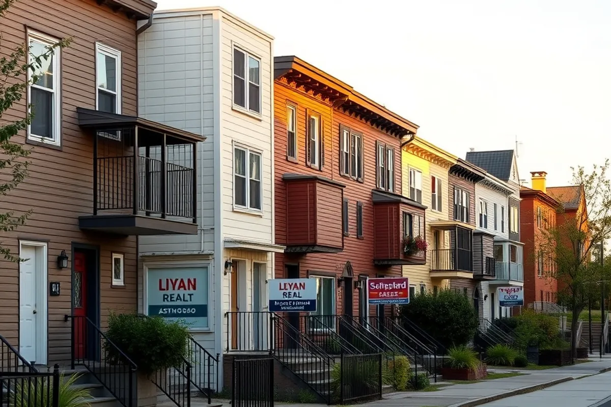 Row of modest apartment buildings with rental signs in a city neighborhood