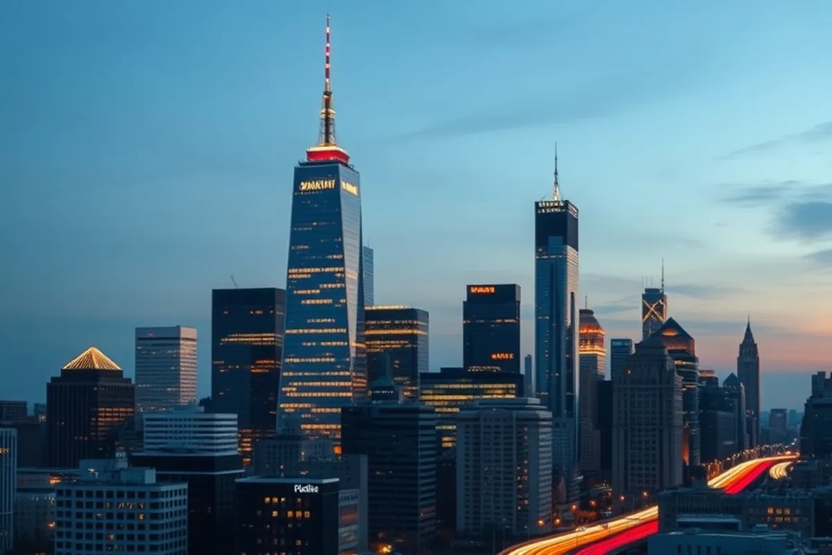 City skyline at dusk with office lights and traffic trails