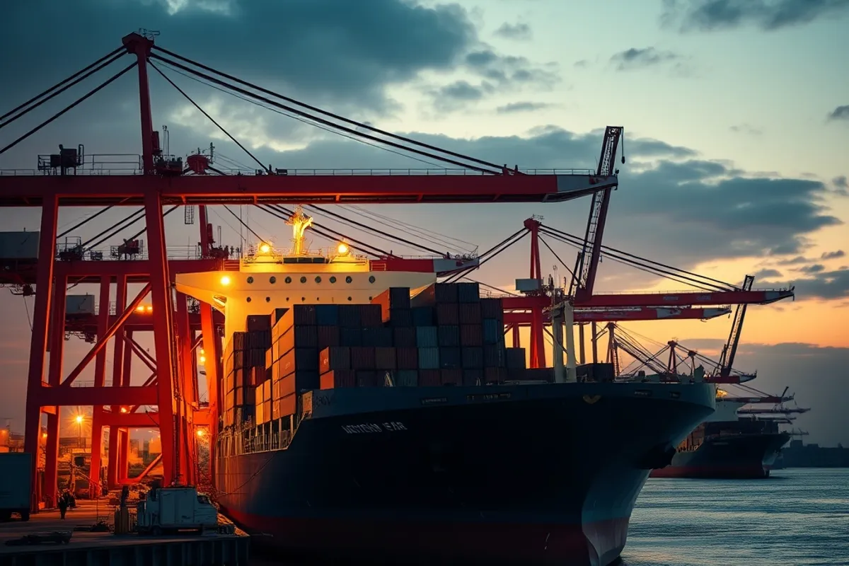 Container ship at a shipyard with cranes at dawn