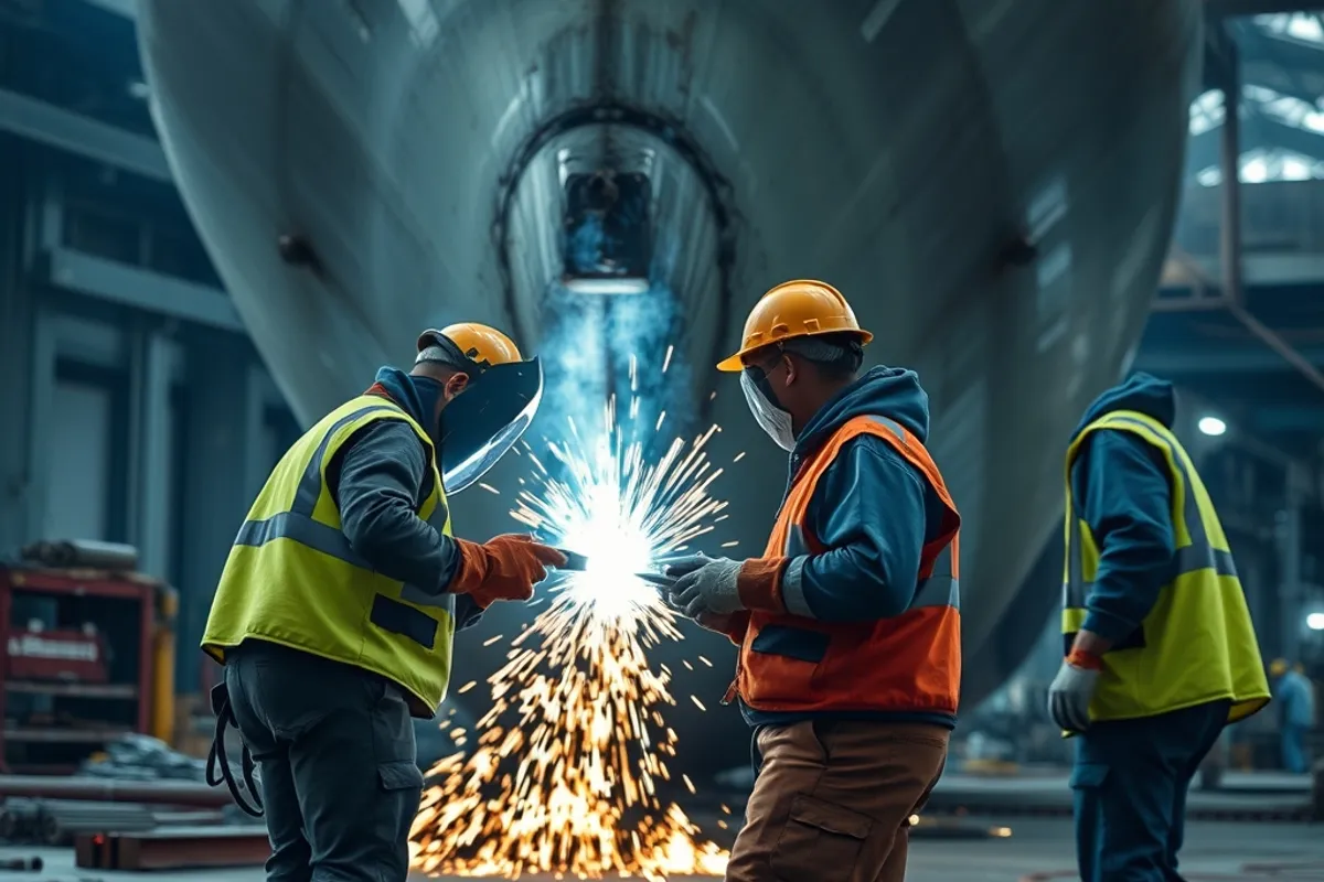 Workers in safety gear welding a steel hull in a shipyard