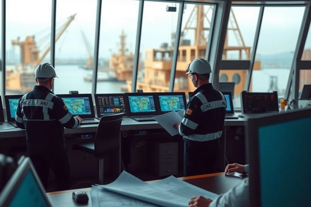 Shipyard control room with engineers looking at plans