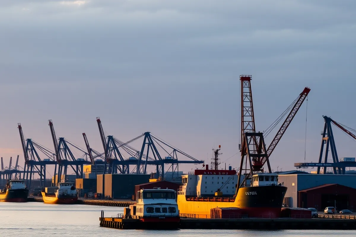 Port city waterfront with cranes and warehouses at golden hour