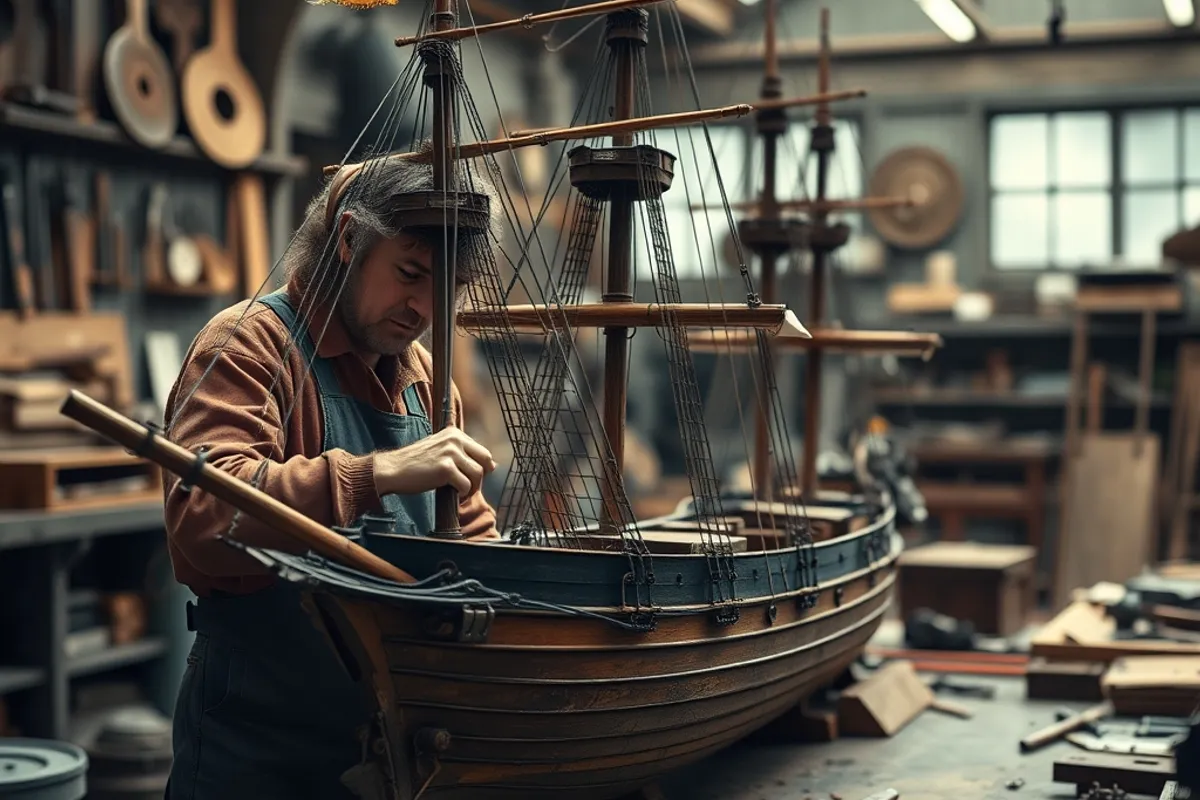 Apprentice training workshop with tools and ship models