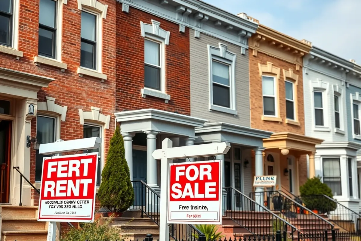 For rent and for sale signs in front of row houses