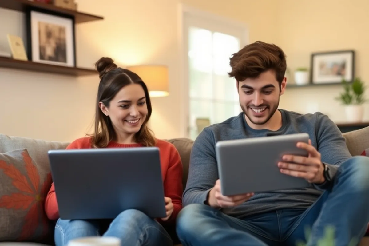Young couple looking at apartment listings on a laptop at home