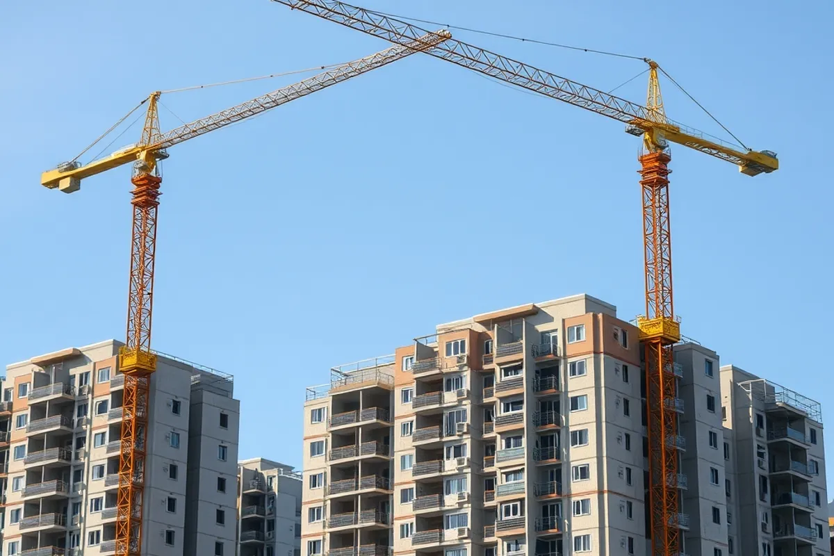 Construction cranes above partially built apartment blocks