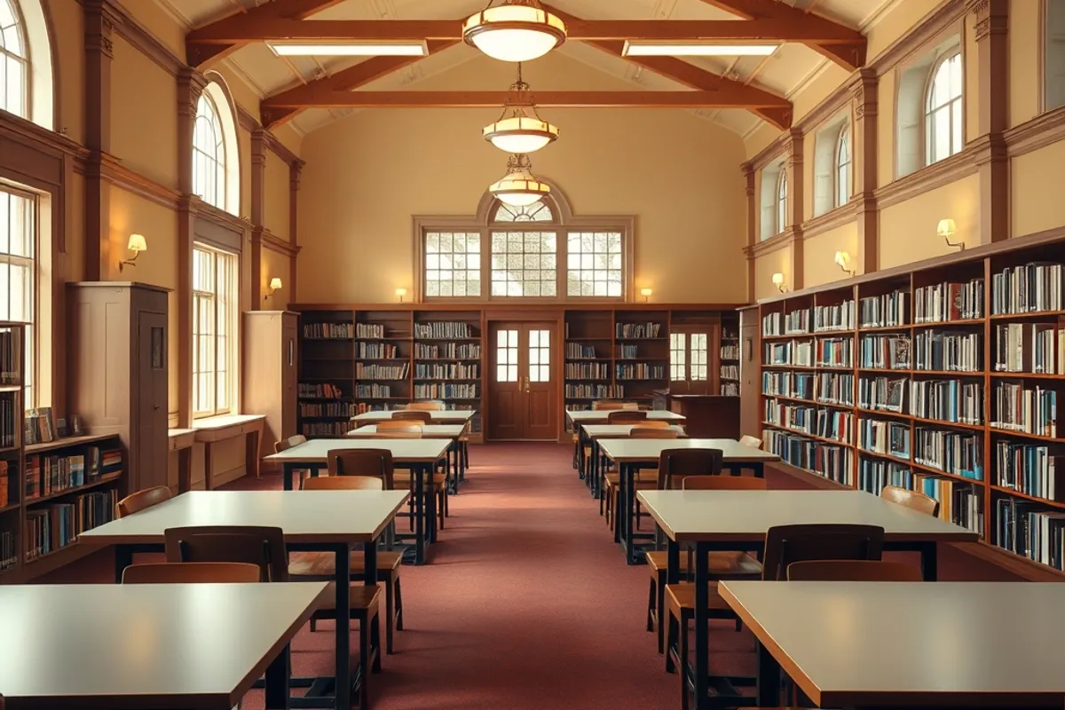 Warmly lit small-town library reading room with empty tables and bookshelves