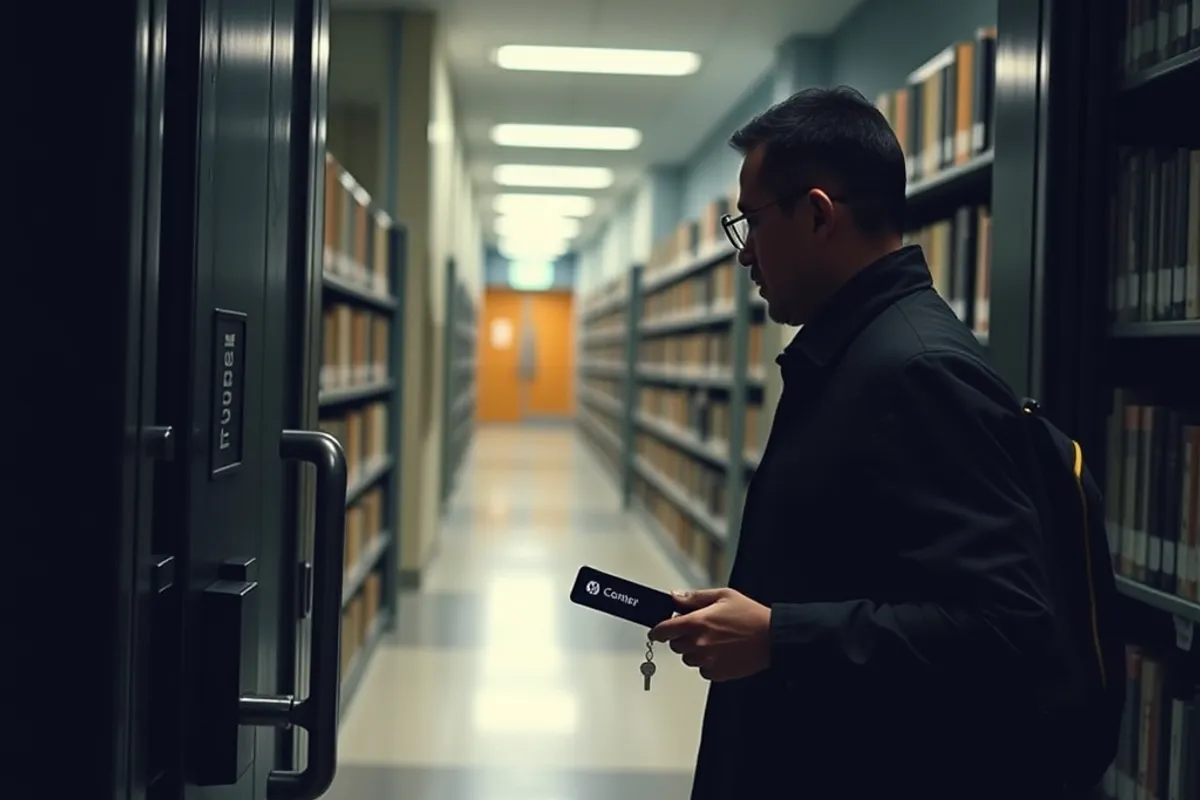 Person entering a library at night using a key card