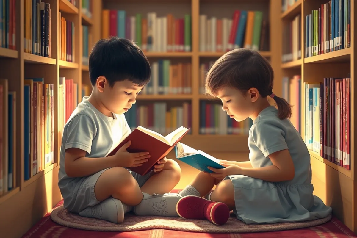 Children reading on a rug in a library corner