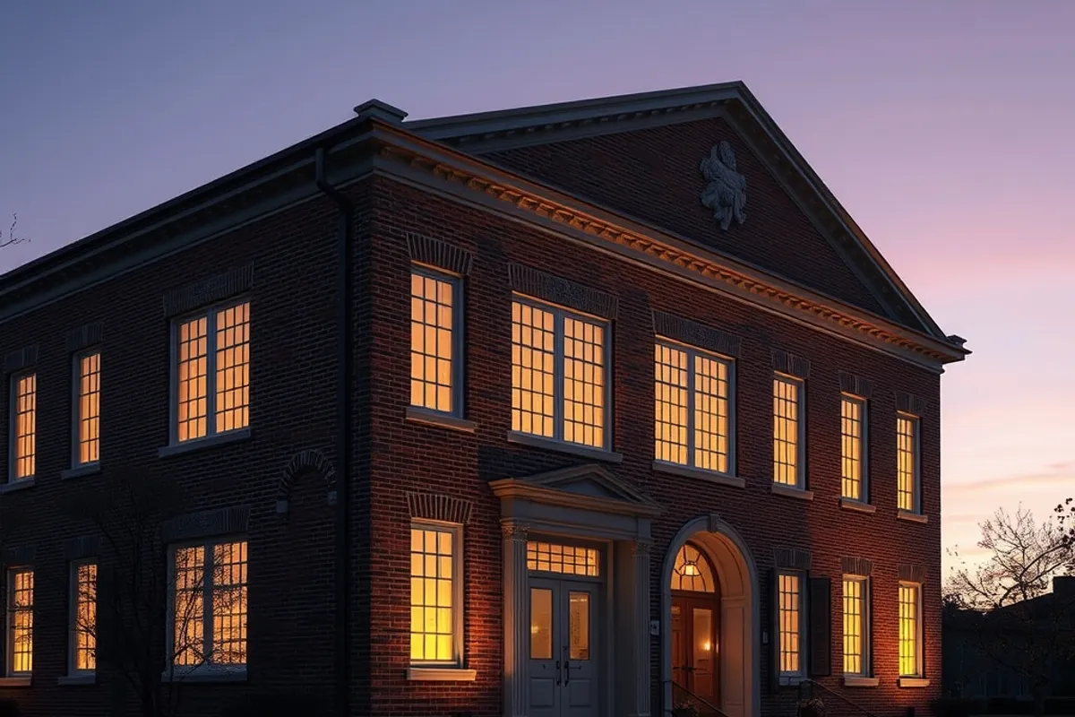 Exterior of a brick library at dusk with lit windows