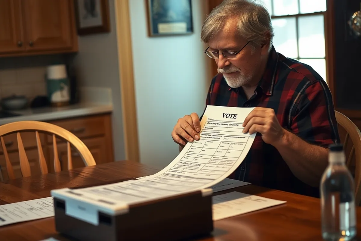 Voter reading a long ballot at a kitchen table
