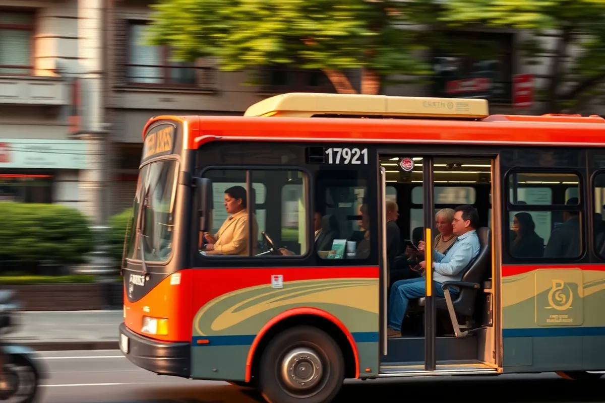 Bus traveling on a city street with passengers