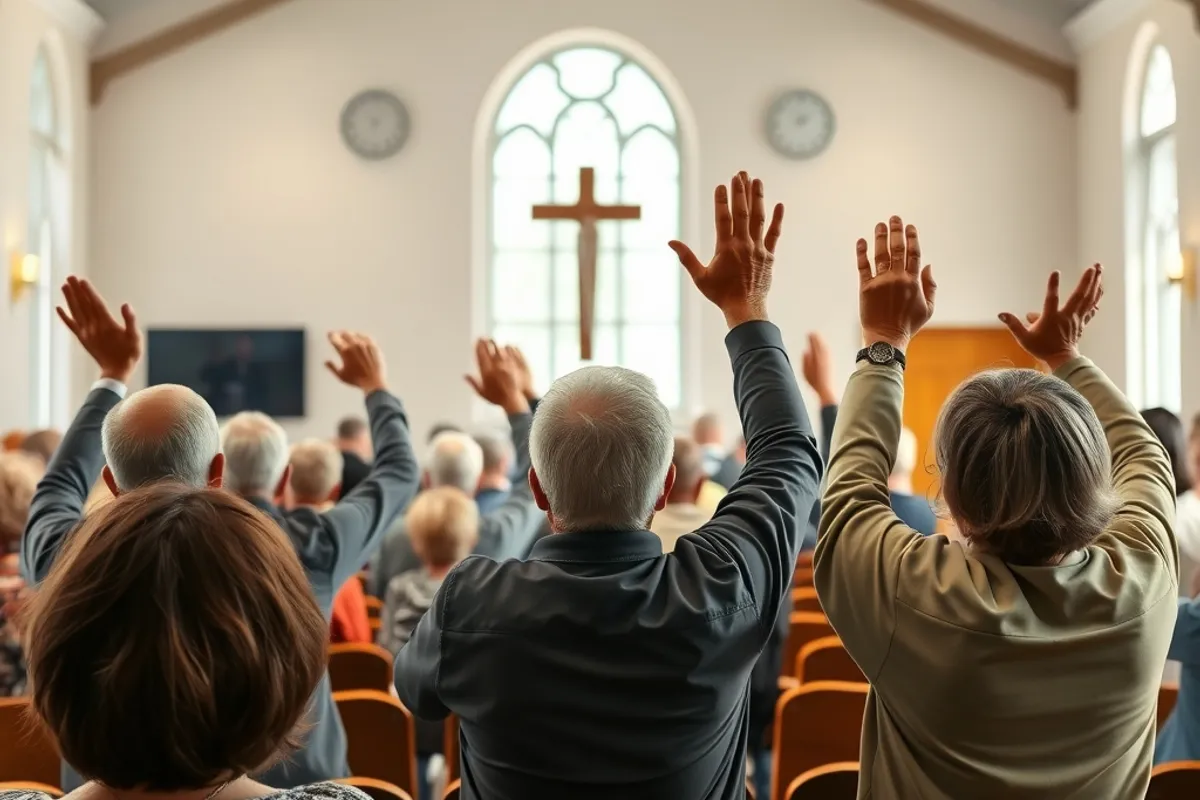 Community meeting in a church hall with residents raising hands