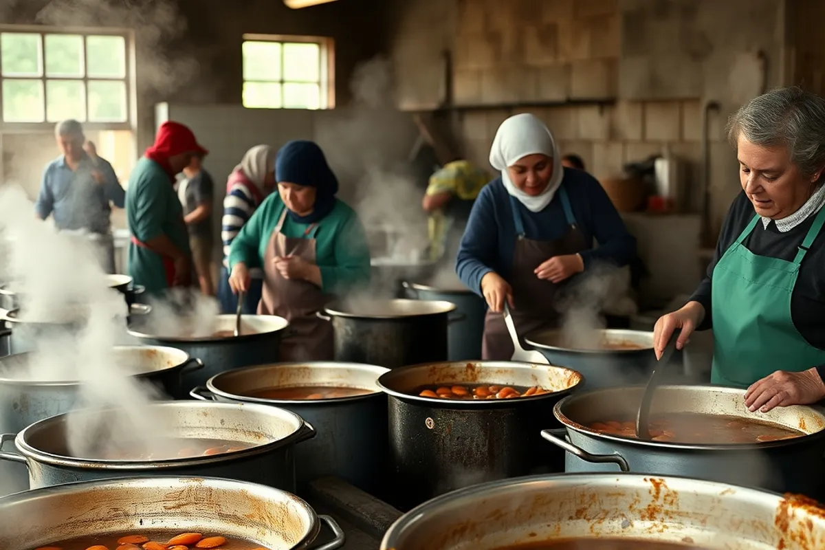Community kitchen with volunteers cooking in large pots, steam rising