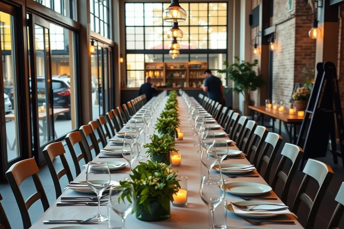 Long communal table set for dinner in a converted storefront