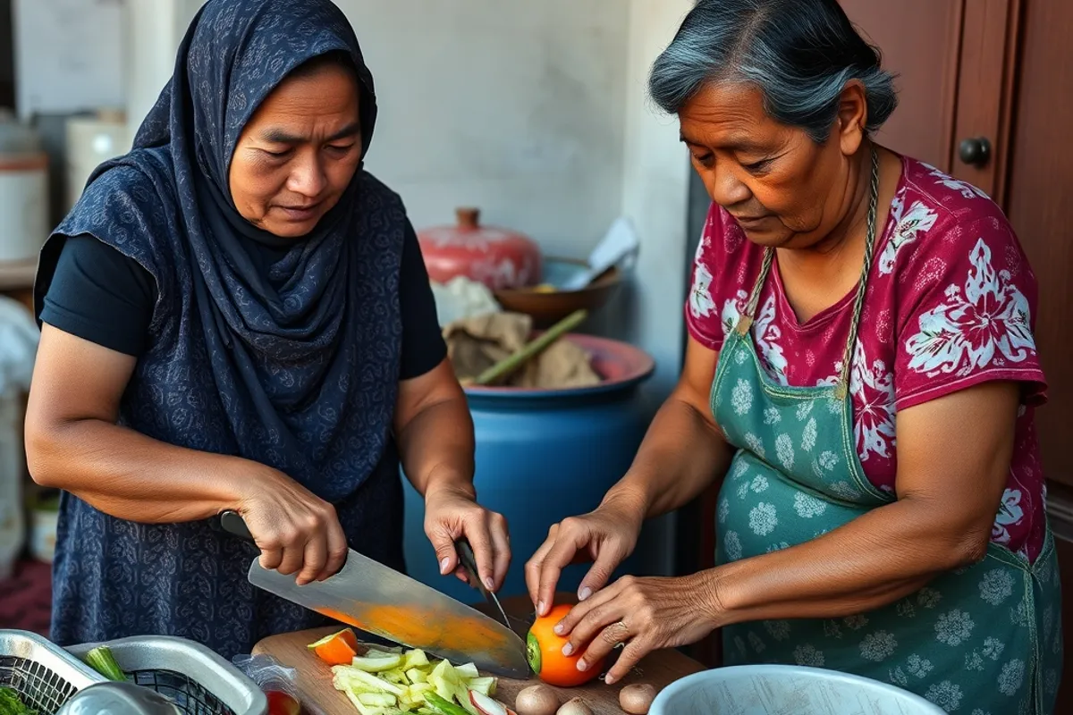 Two neighbors chopping vegetables together