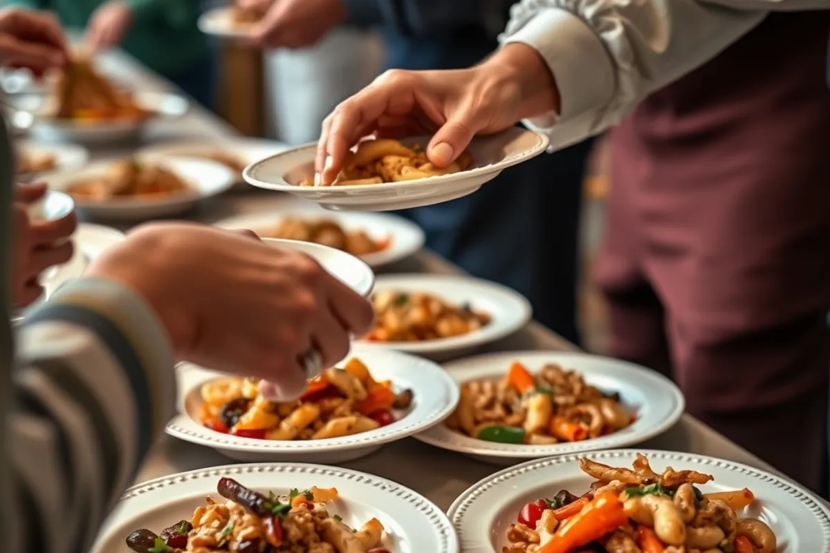 Hands serving food onto plates at a community dinner