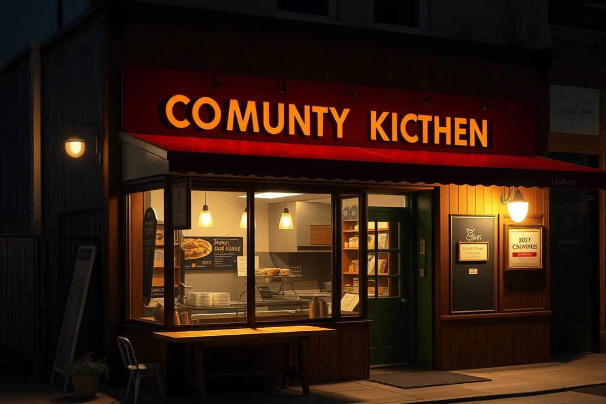 Storefront community kitchen with warm lights at night
