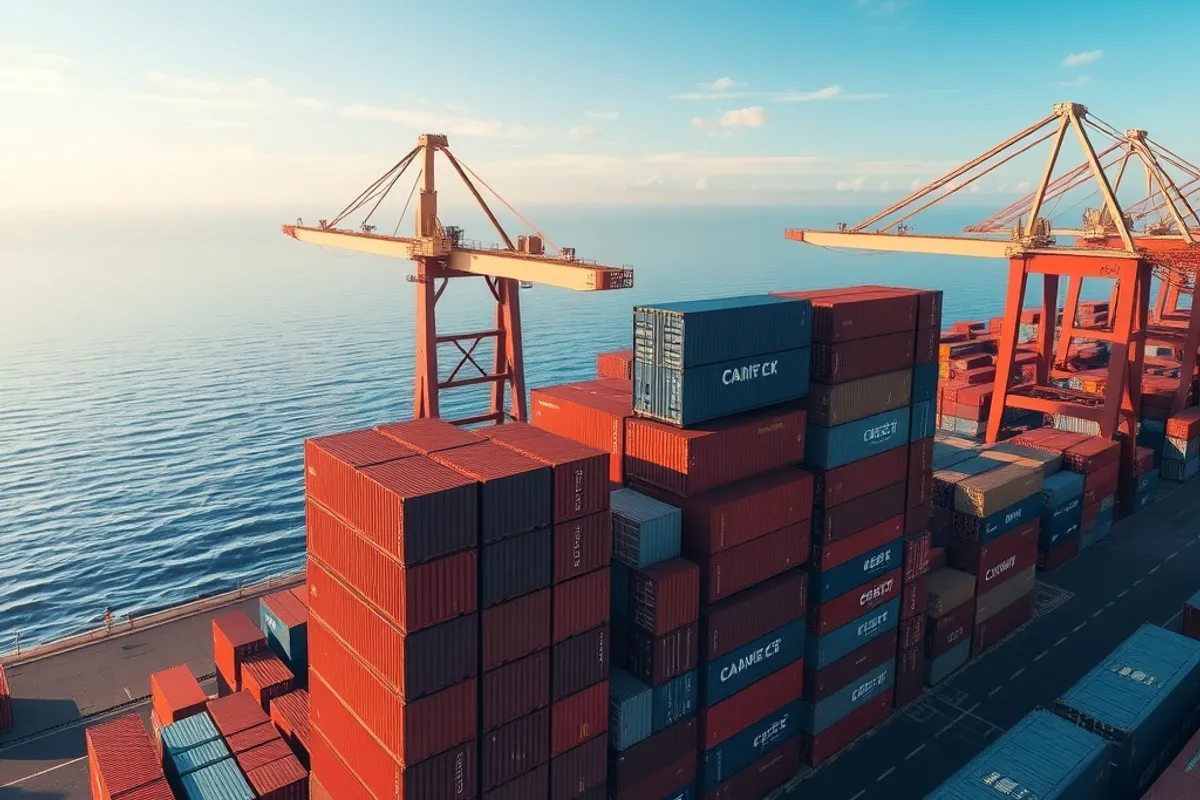 Container terminal with stacked shipping containers and cranes