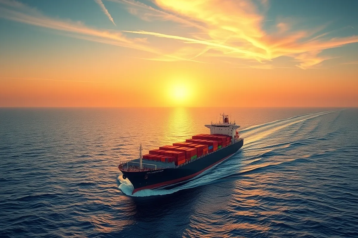 Cargo ship crossing open ocean at sunset