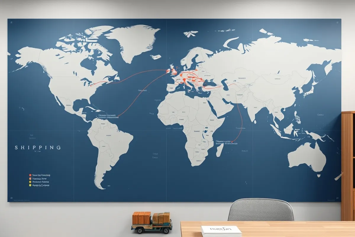 World map wall with shipping routes marked in a logistics office