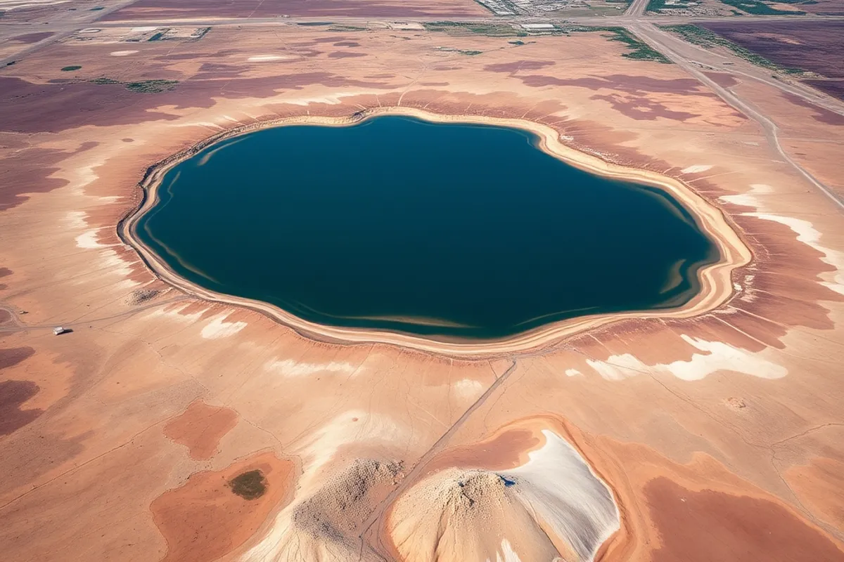 Aerial view of a shrinking reservoir with exposed shoreline