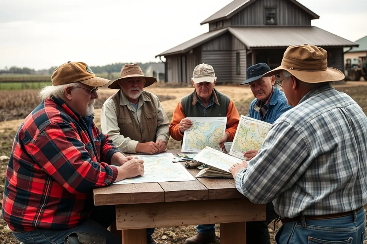 Farmers and town officials talking around a table with maps