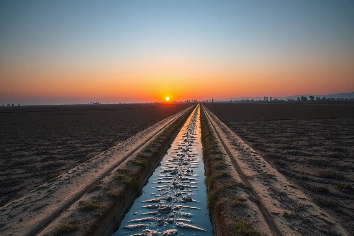 Irrigation channel carrying water through dry farmland at sunrise