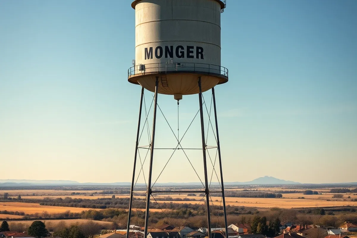 Old water tower above a small town under a clear sky