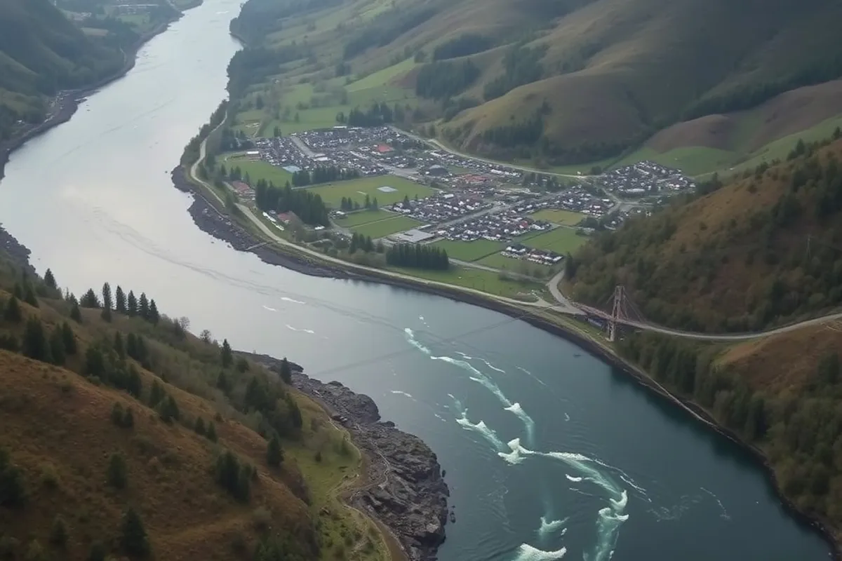 River flowing through a valley with three small towns in the distance